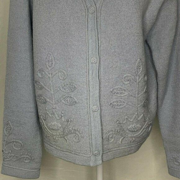 Coldwater Creek Cardigan Sweater L Blue Wool Snaps Ribbon Embroidery - Picture 3 of 7